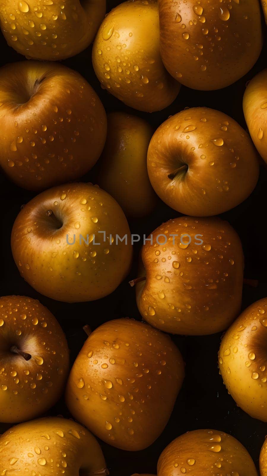 Fresh golden apples with water drops seamless closeup background and texture. Neural network generated in May 2023. Not based on any actual scene or pattern.