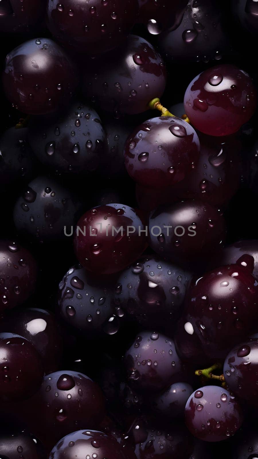 Fresh grapes seamless texture and full-frame background adorned with glistering water drops. Neural network generated in May 2023. Not based on any actual scene or pattern.