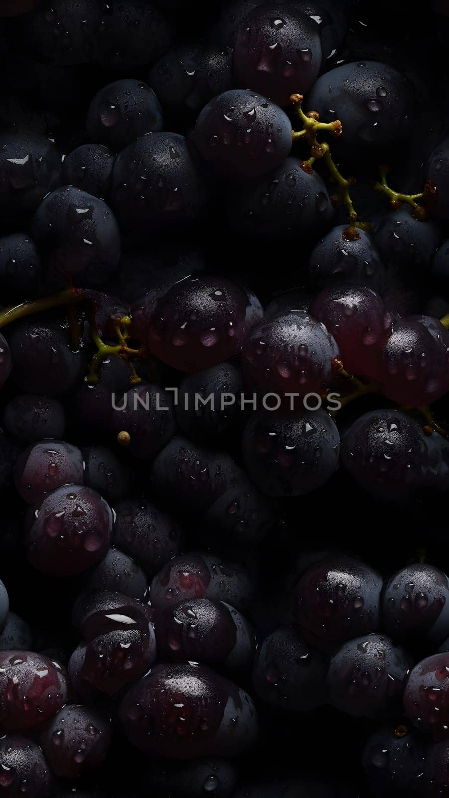 Fresh grapes seamless texture and full-frame background adorned with glistering water drops. Neural network generated in May 2023. Not based on any actual scene or pattern.