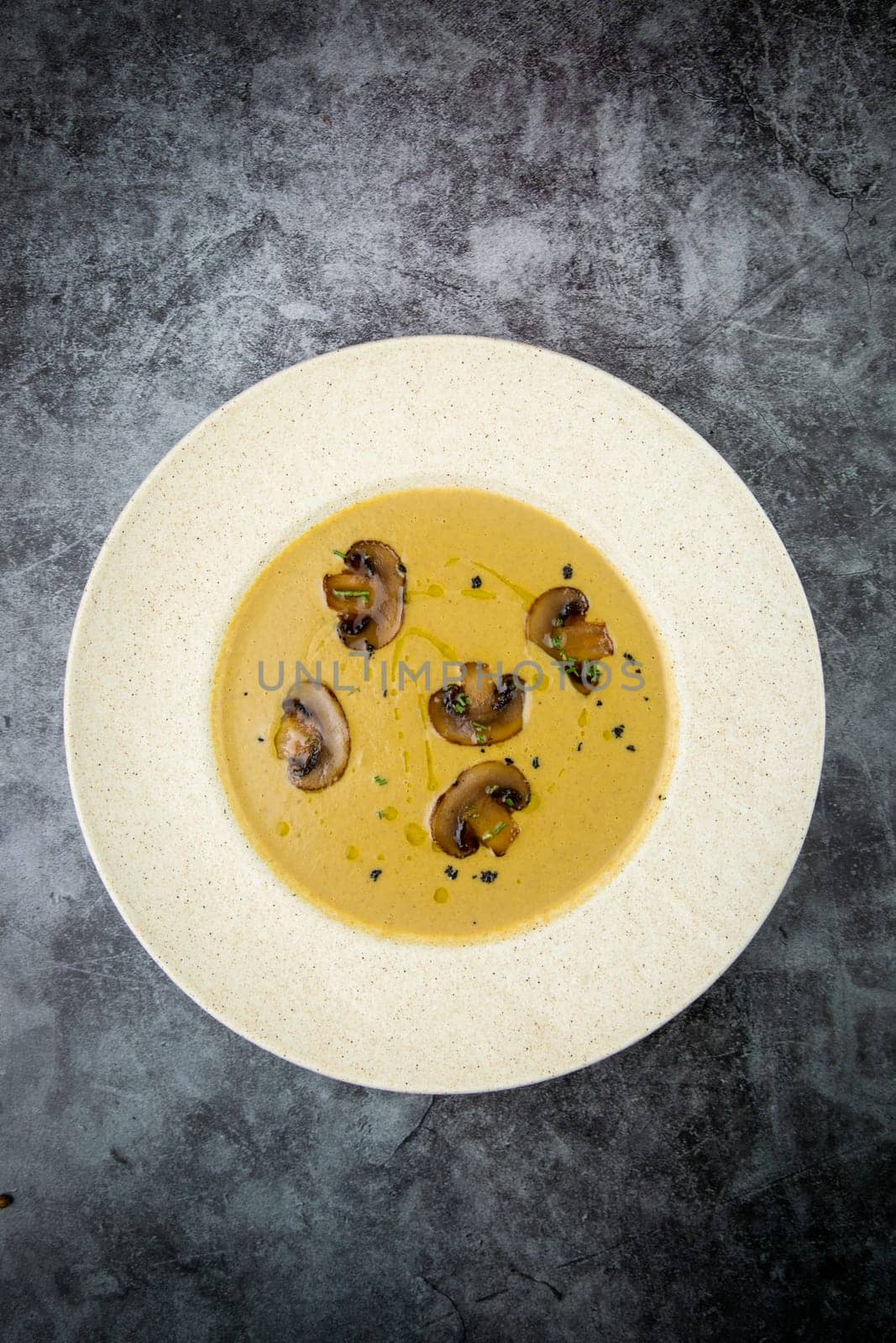 mushroom soup puree with champignons in a white plate top view by tewolf