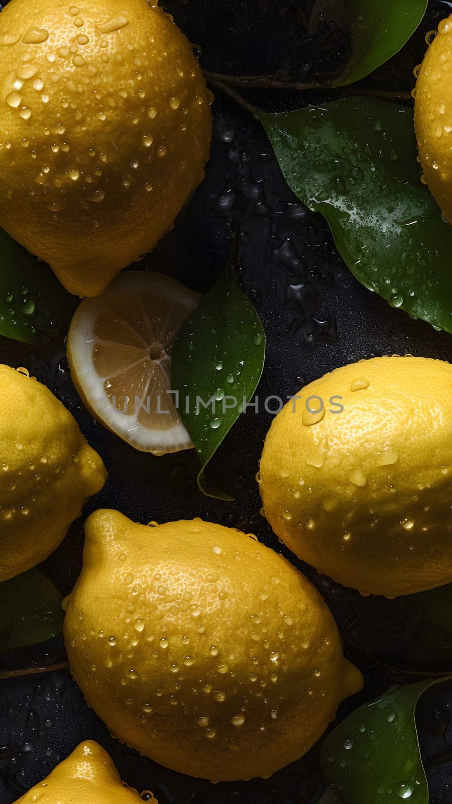 seamless texture and full-frame macro background of fresh lemons covered with water drops. Neural network generated in May 2023. Not based on any actual scene or pattern.