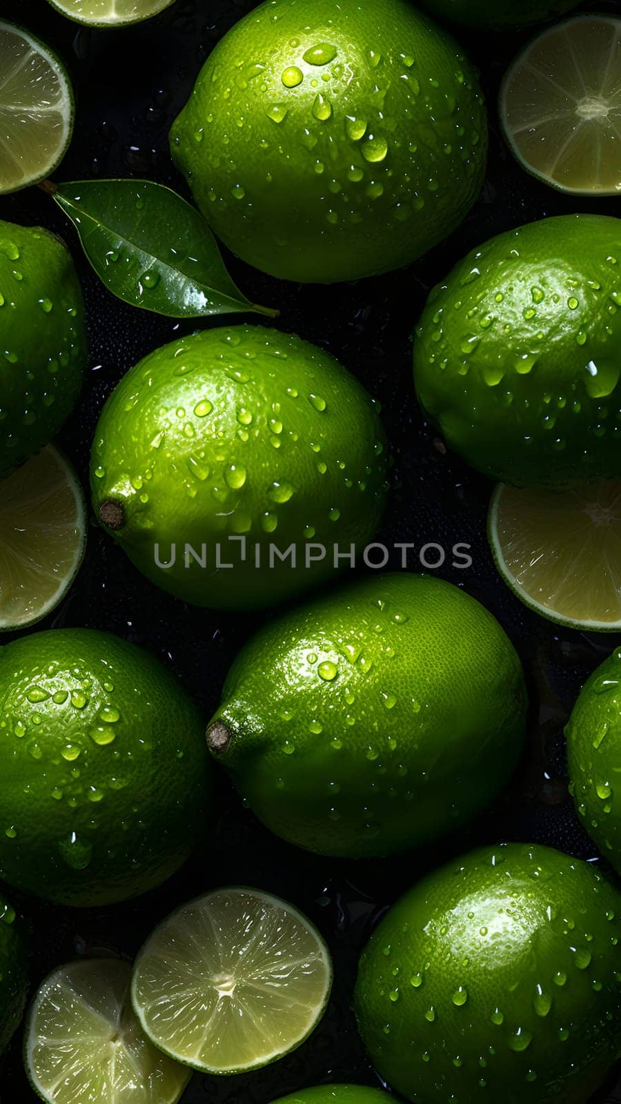 seamless texture and full-frame macro background of fresh green limes covered with water drops, neural network generated image by z1b