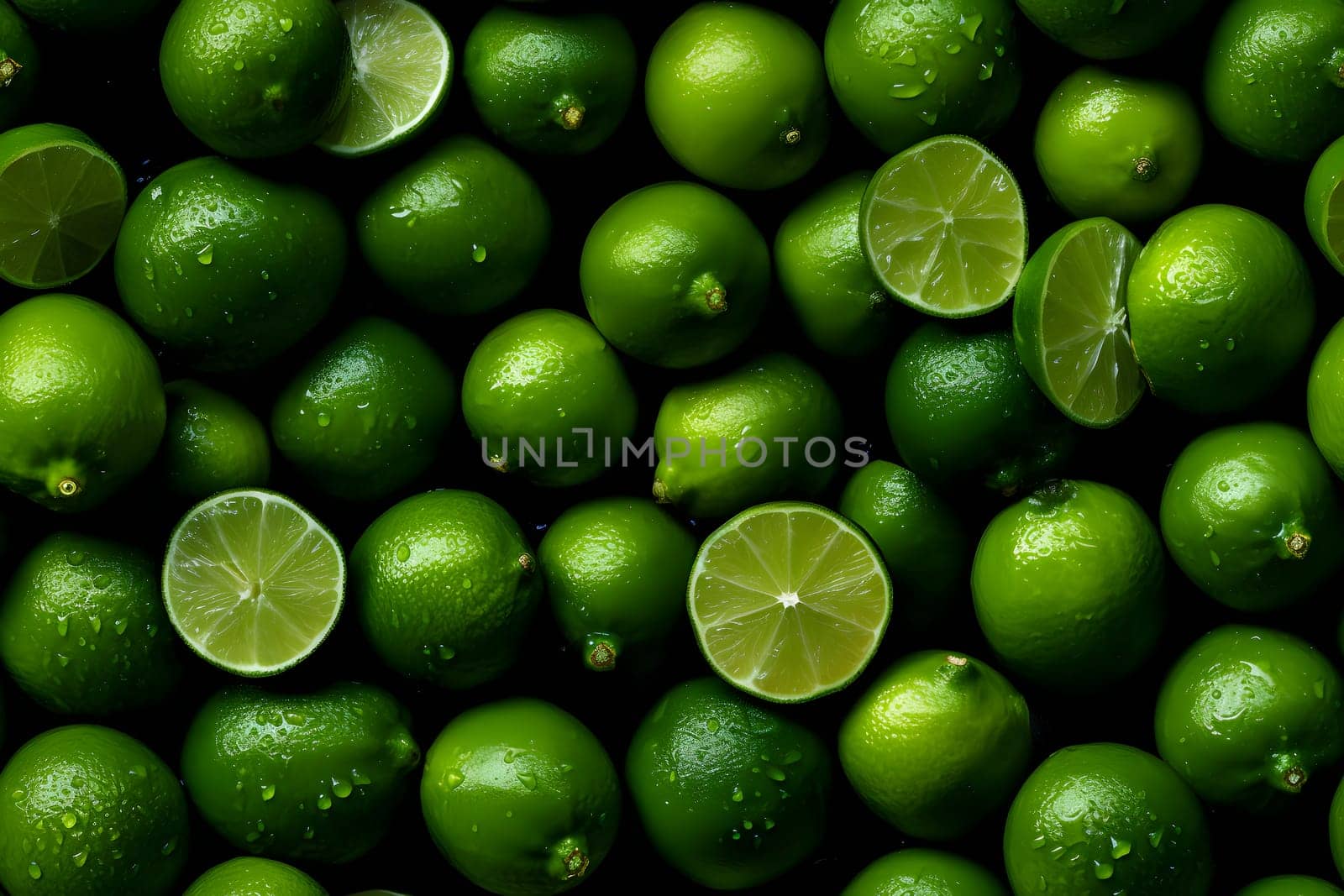 seamless texture and full-frame macro background of fresh green limes covered with water drops. Neural network generated in May 2023. Not based on any actual scene or pattern.