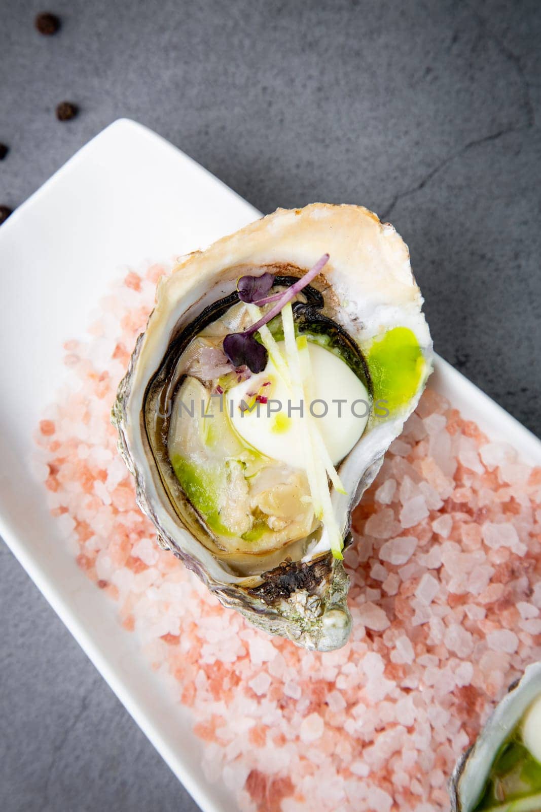 fresh oysters on red sea salt on a white plate by tewolf