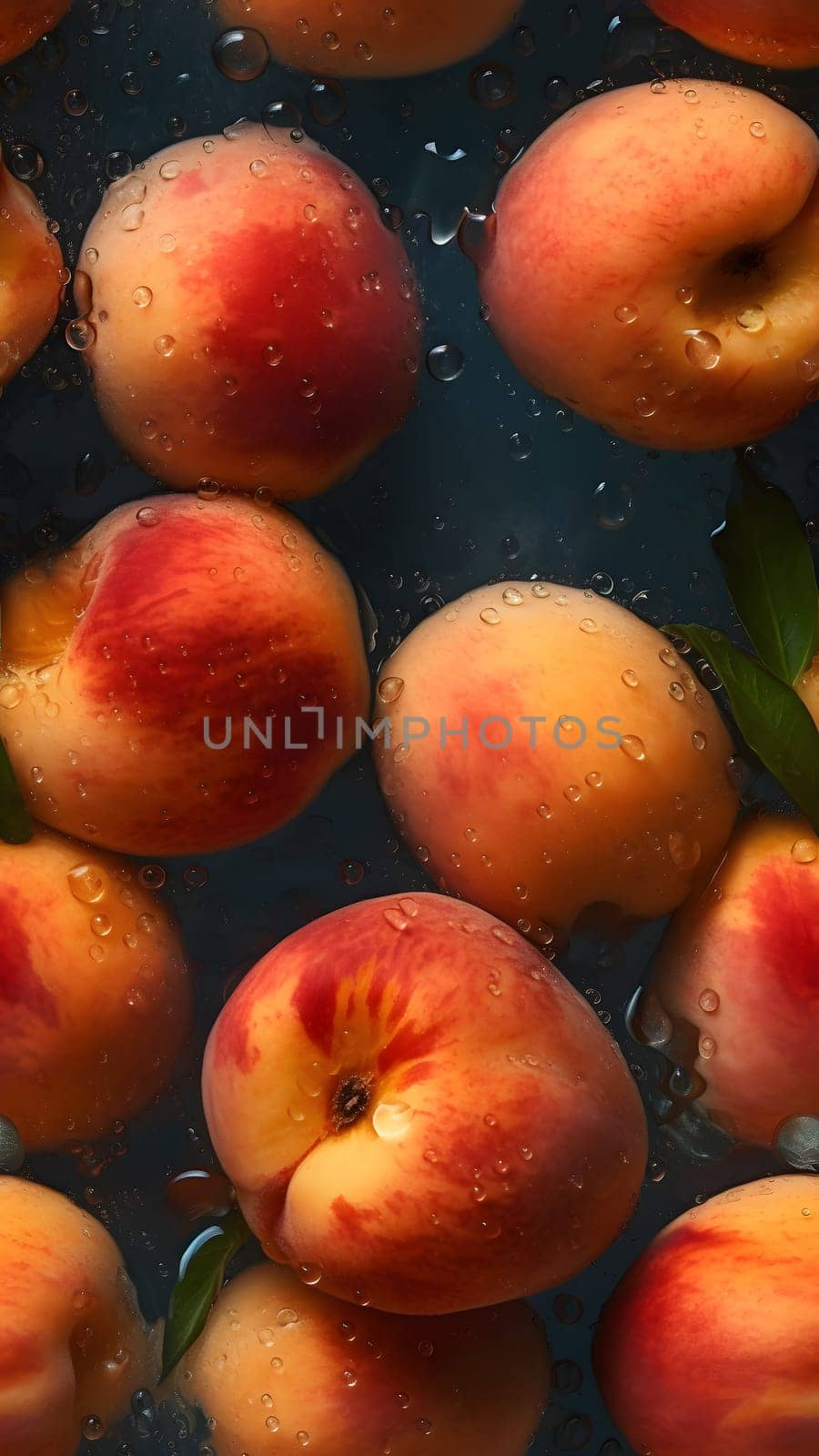 seamless texture and full-frame macro background of fresh peaches covered with water drops, neural network generated image by z1b