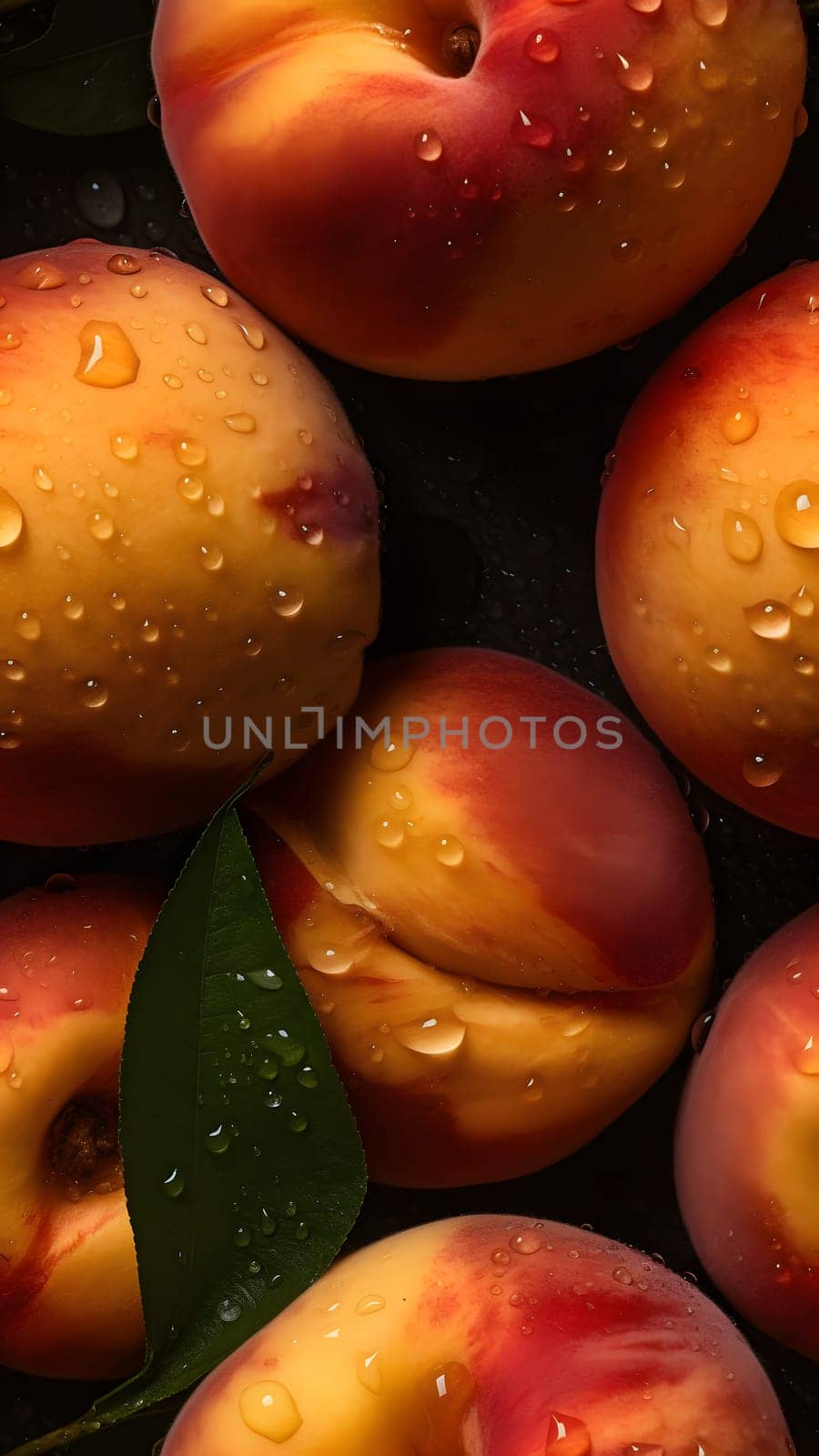 seamless texture and full-frame macro background of fresh peaches covered with water drops, neural network generated image by z1b