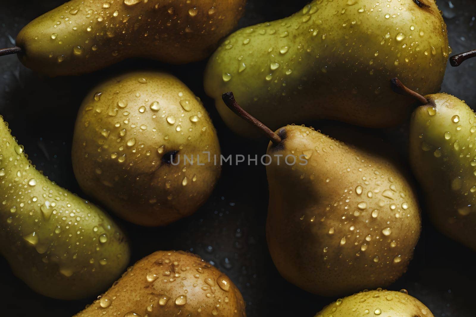 Fresh green pears with water drops seamless closeup background and texture, neural network generated image by z1b