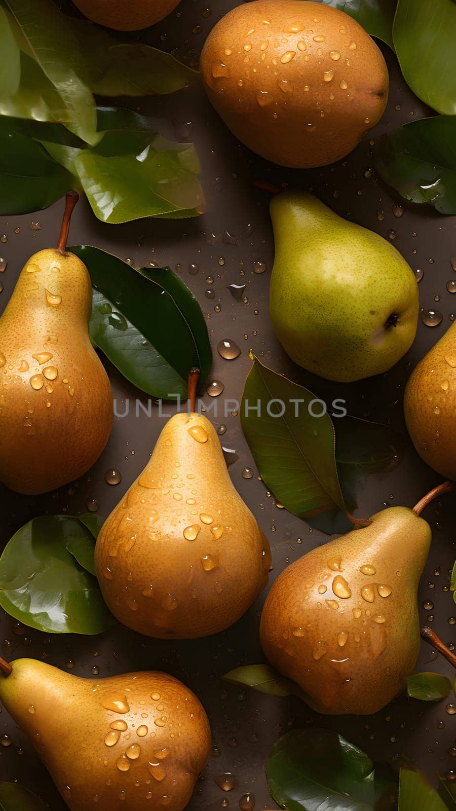 Fresh yellow pears with water drops seamless closeup background and texture. Neural network generated in May 2023. Not based on any actual scene or pattern.
