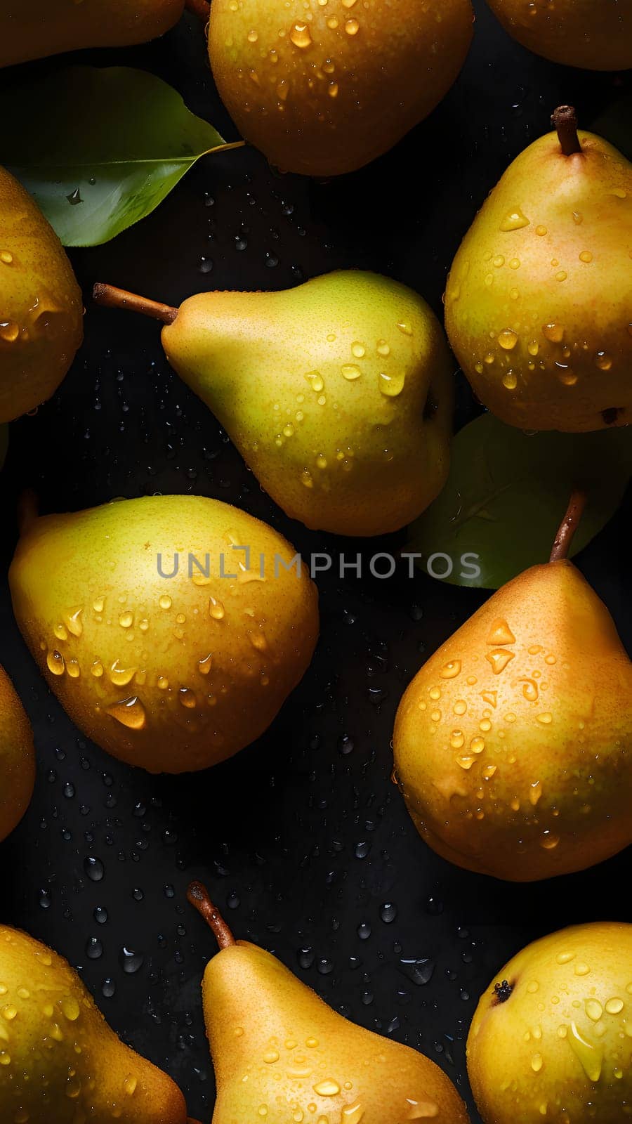 Fresh yellow pears with water drops seamless closeup background and texture, neural network generated image by z1b