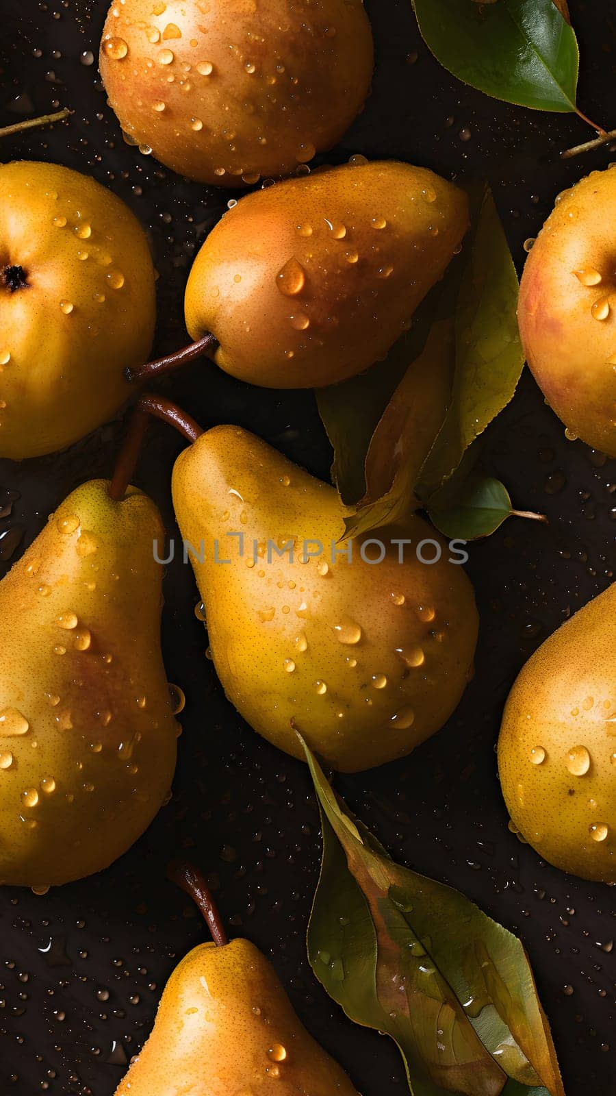 Fresh yellow pears with water drops seamless closeup background and texture, neural network generated image by z1b