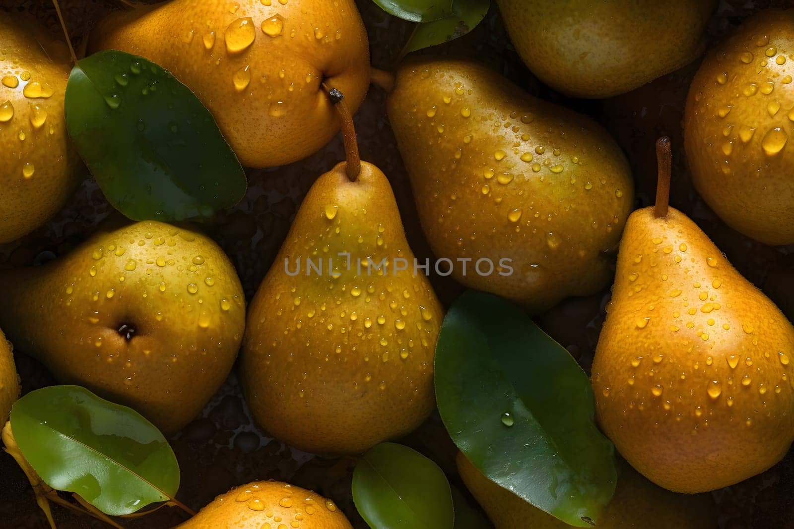 Fresh yellow pears with water drops seamless closeup background and texture. Neural network generated in May 2023. Not based on any actual scene or pattern.