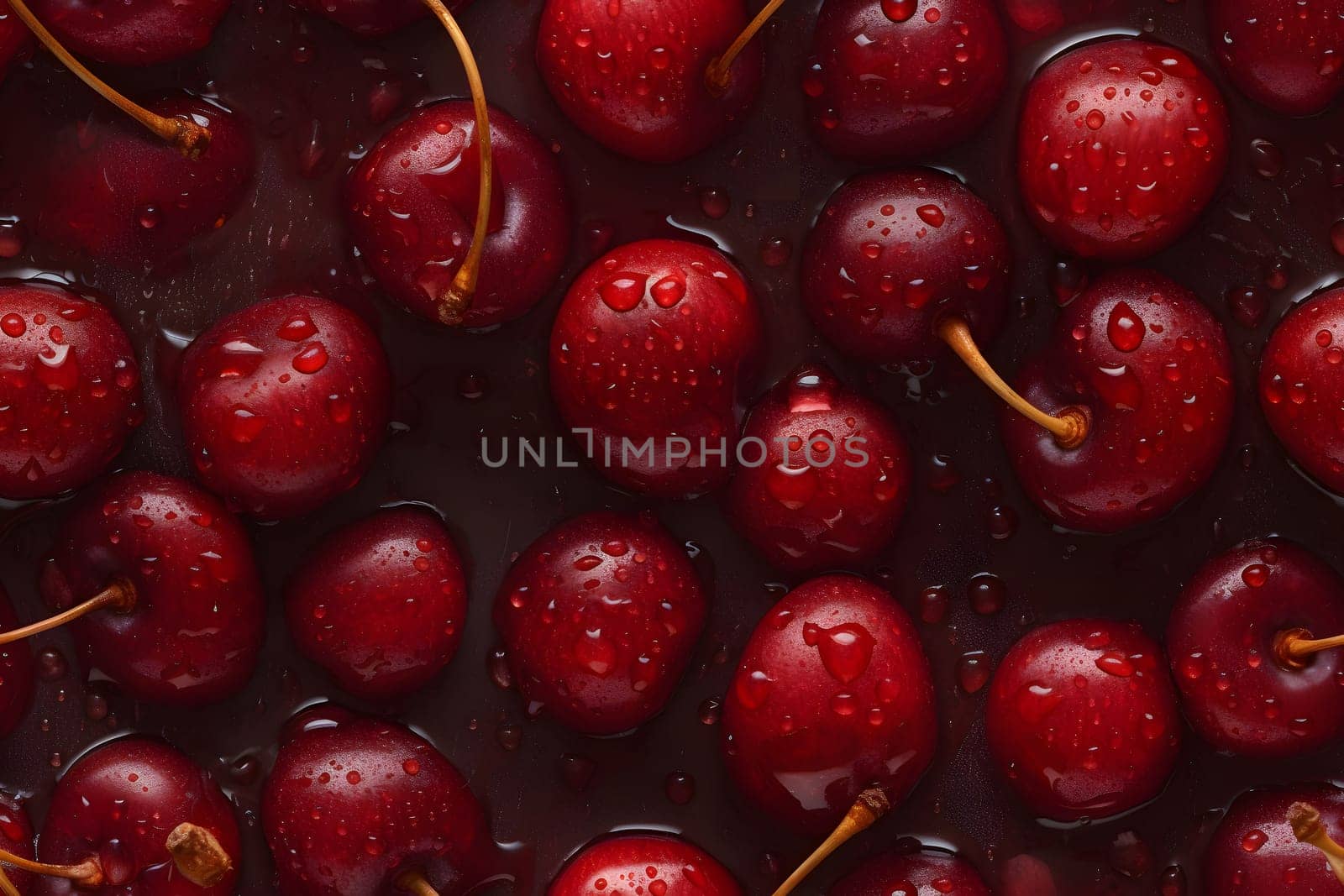 Fresh red cherry with water drops seamless closeup background and texture, neural network generated image by z1b