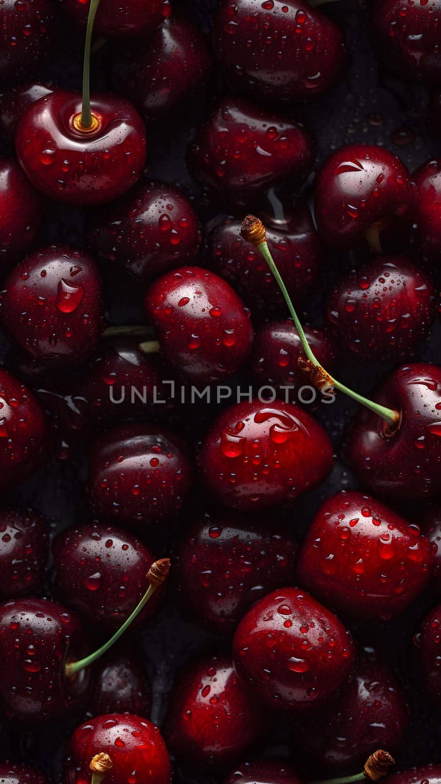 Fresh red cherry covered with water drops seamless closeup background and texture. Neural network generated in May 2023. Not based on any actual scene or pattern.