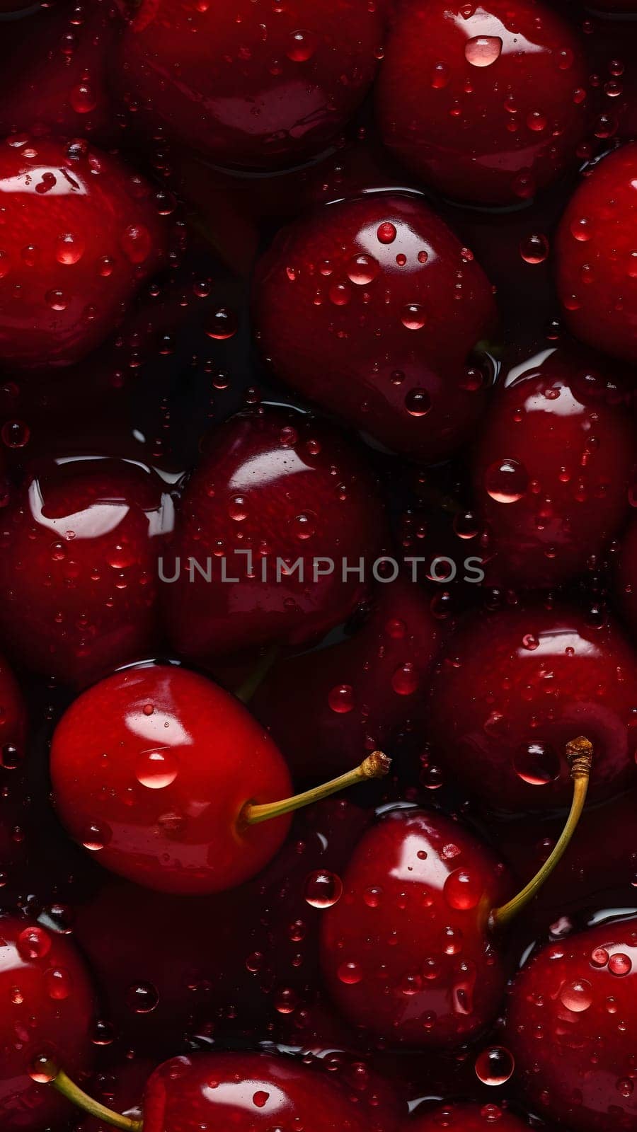 Fresh red cherry with water drops seamless closeup background and texture, neural network generated image by z1b