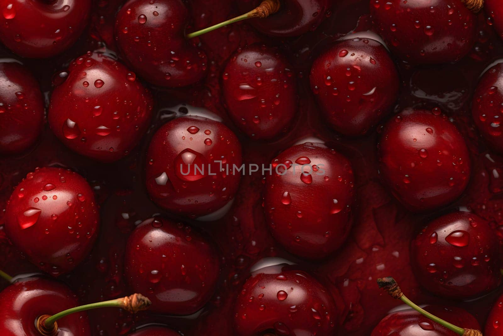 Fresh red cherry covered with water drops seamless closeup background and texture. Neural network generated in May 2023. Not based on any actual scene or pattern.