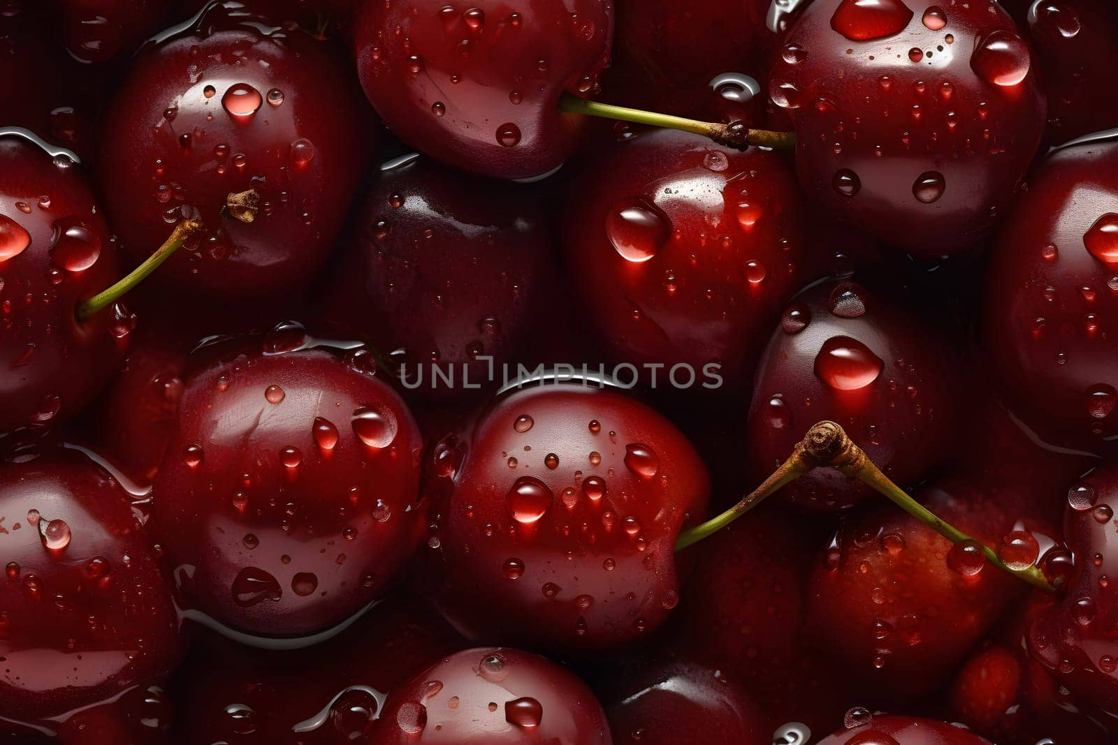 Fresh red cherry with water drops seamless closeup background and texture, neural network generated image by z1b