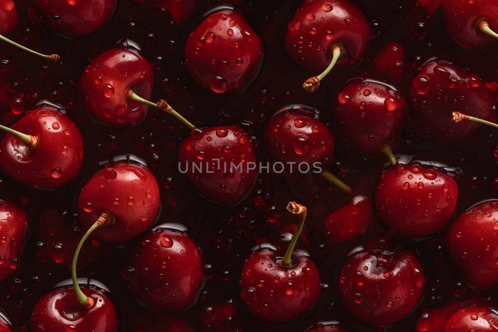 Fresh red cherry covered with water drops seamless closeup background and texture. Neural network generated in May 2023. Not based on any actual scene or pattern.