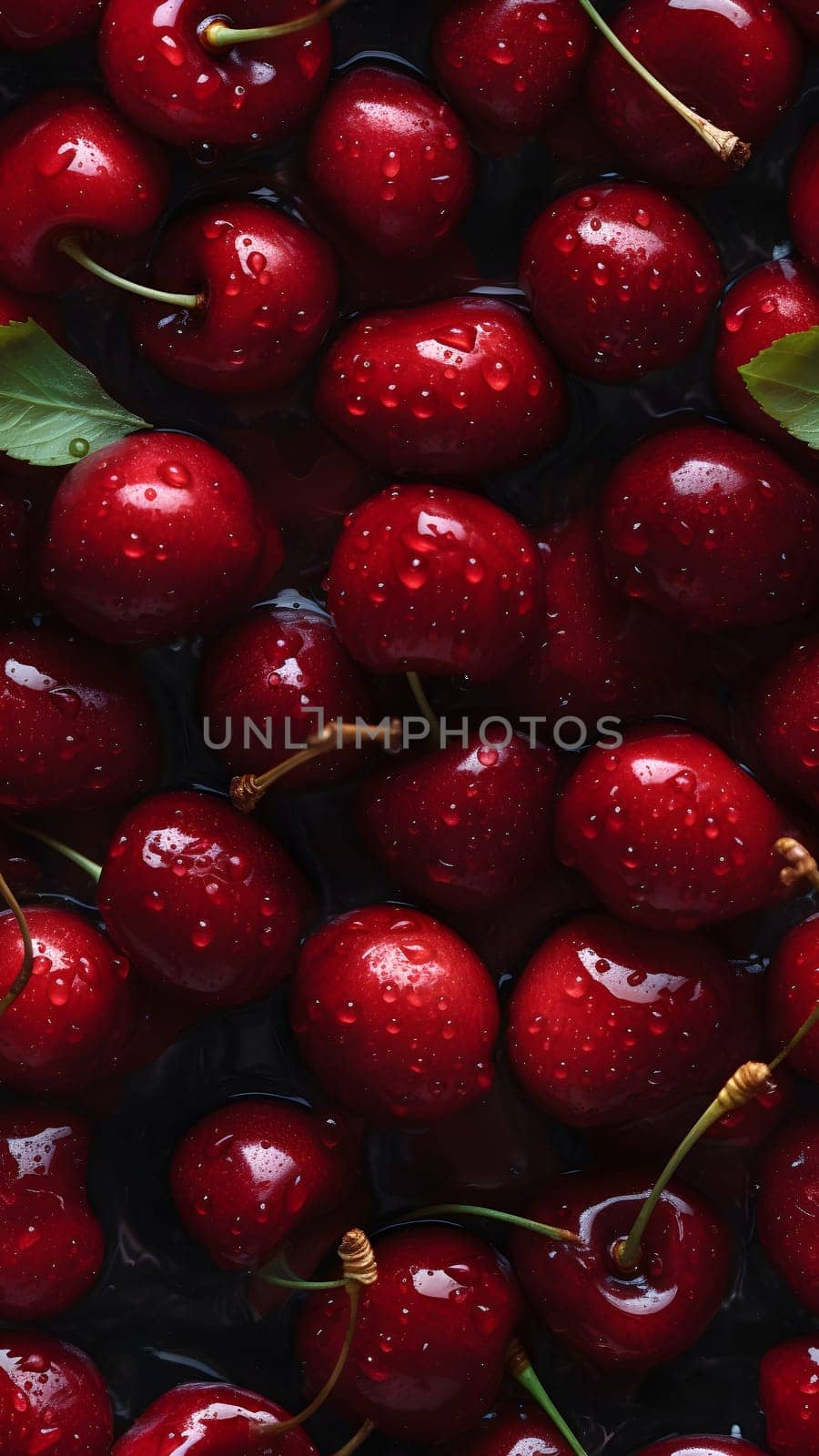 Fresh red cherry with water drops seamless closeup background and texture, neural network generated image by z1b