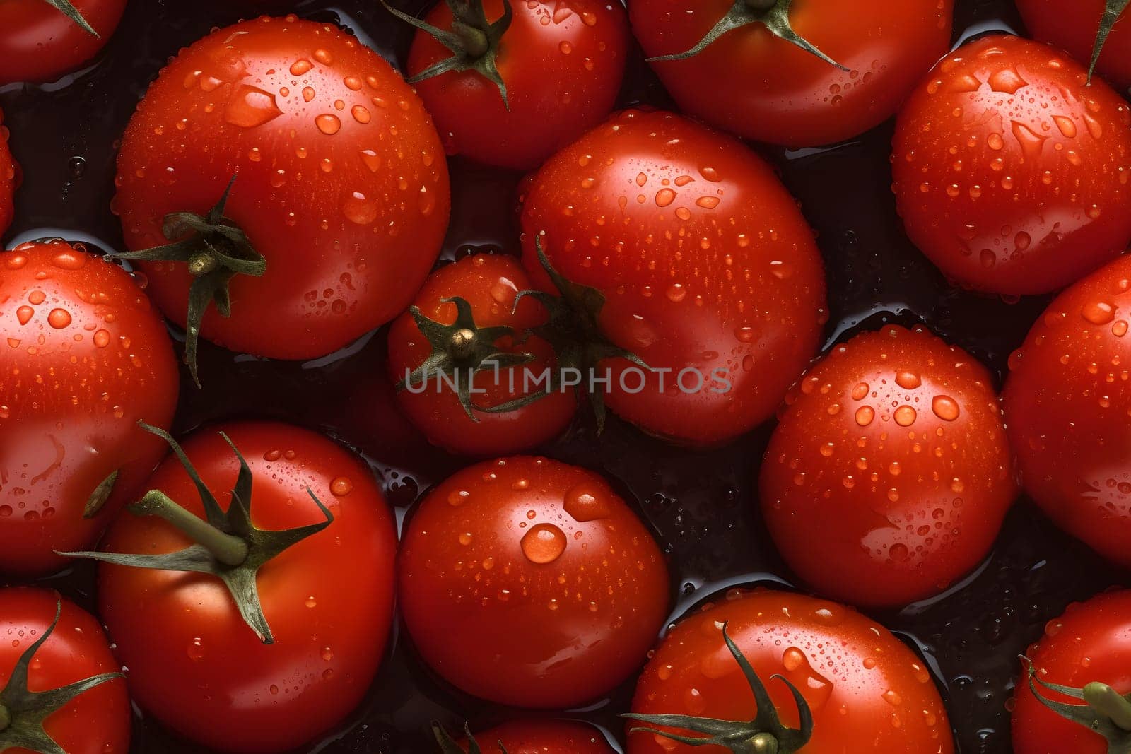 Fresh red tomatoes with water drops seamless closeup background and texture, neural network generated image by z1b