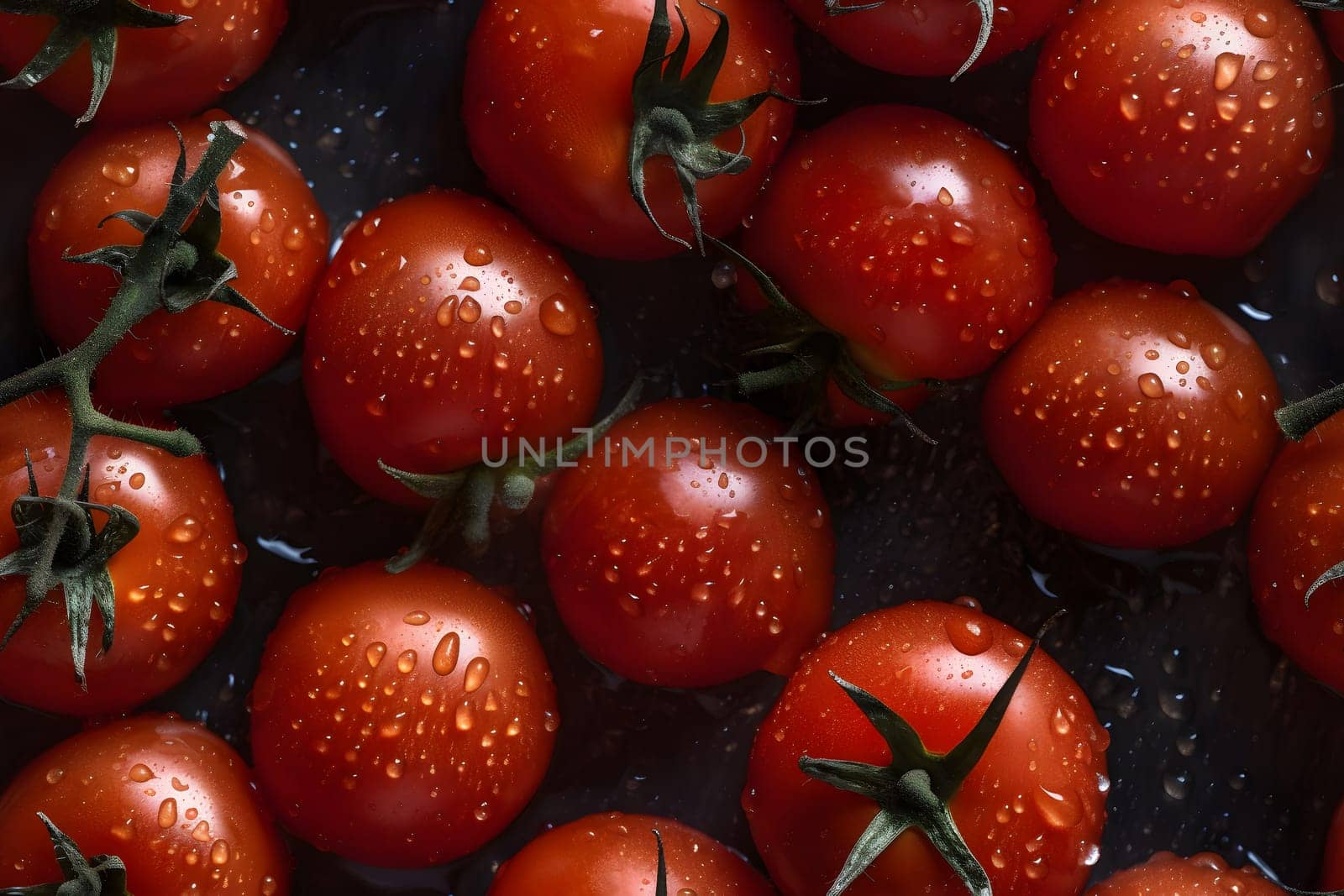 Fresh red tomatoes covered with water drops seamless closeup background and texture. Neural network generated in May 2023. Not based on any actual scene or pattern.