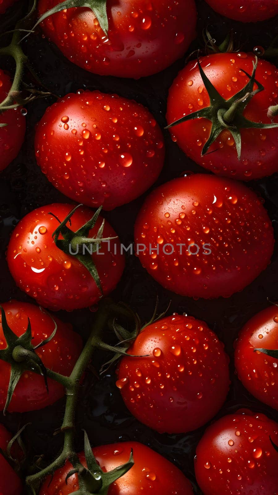 Fresh red tomatoes with water drops seamless closeup background and texture, neural network generated image by z1b