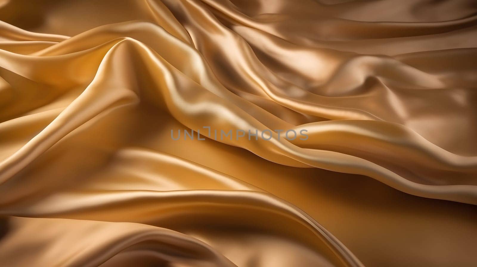 Golden-colored silk surface with folds. Abstract background. Neural network generated in May 2023. Not based on any actual scene or pattern.