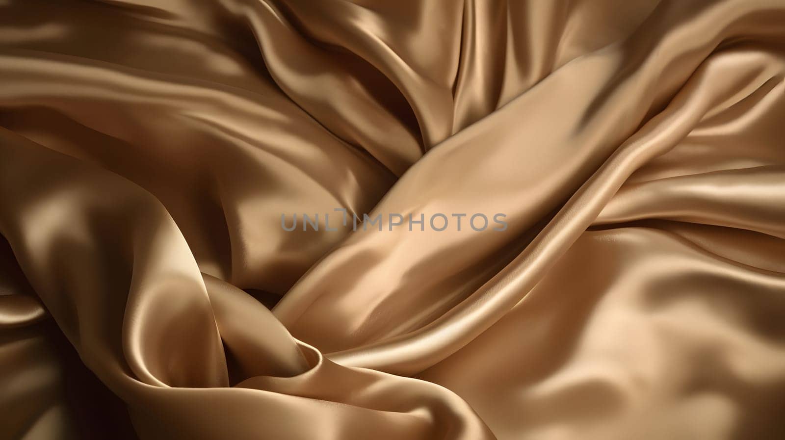 Golden-colored silk surface with folds. Abstract background. Neural network generated in May 2023. Not based on any actual scene or pattern.