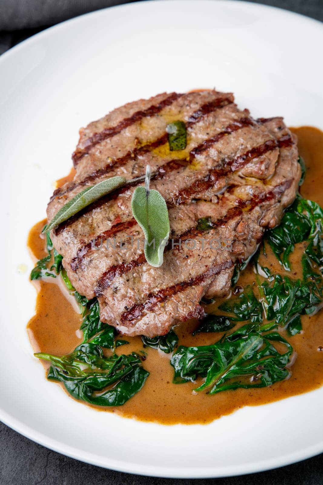 beef steak with gravy and herbs on a white plate by tewolf