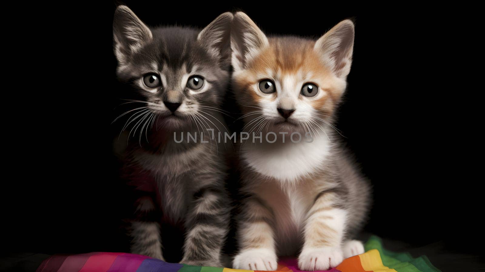 pair of kittens on rainbow LGBT flag. Neural network generated in May 2023. Not based on any actual scene or pattern.