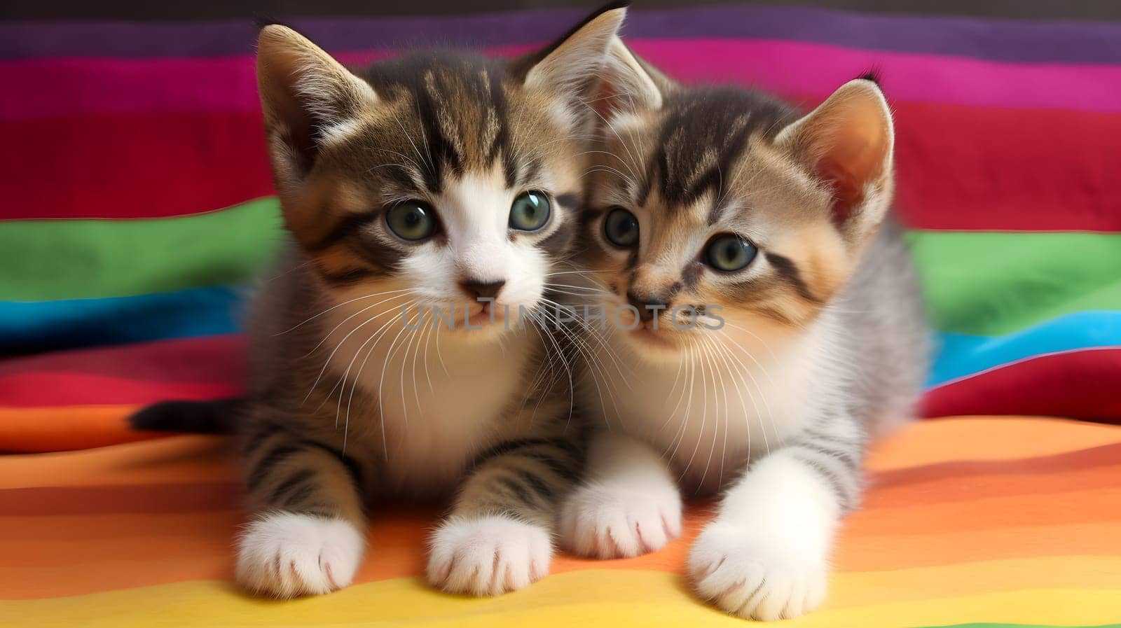 pair of kittens on rainbow LGBT flag. Neural network generated in May 2023. Not based on any actual scene or pattern.