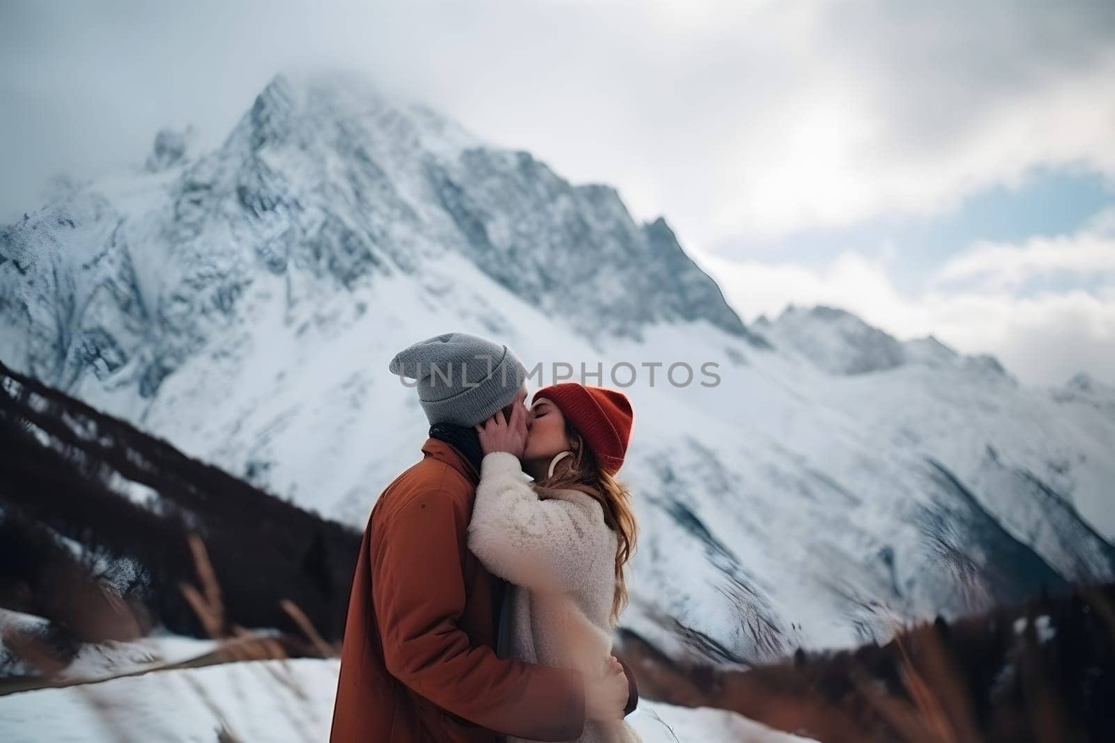 Loving couple kissing in mountains on background of snow covered peak at daylight, neural network generated image by z1b