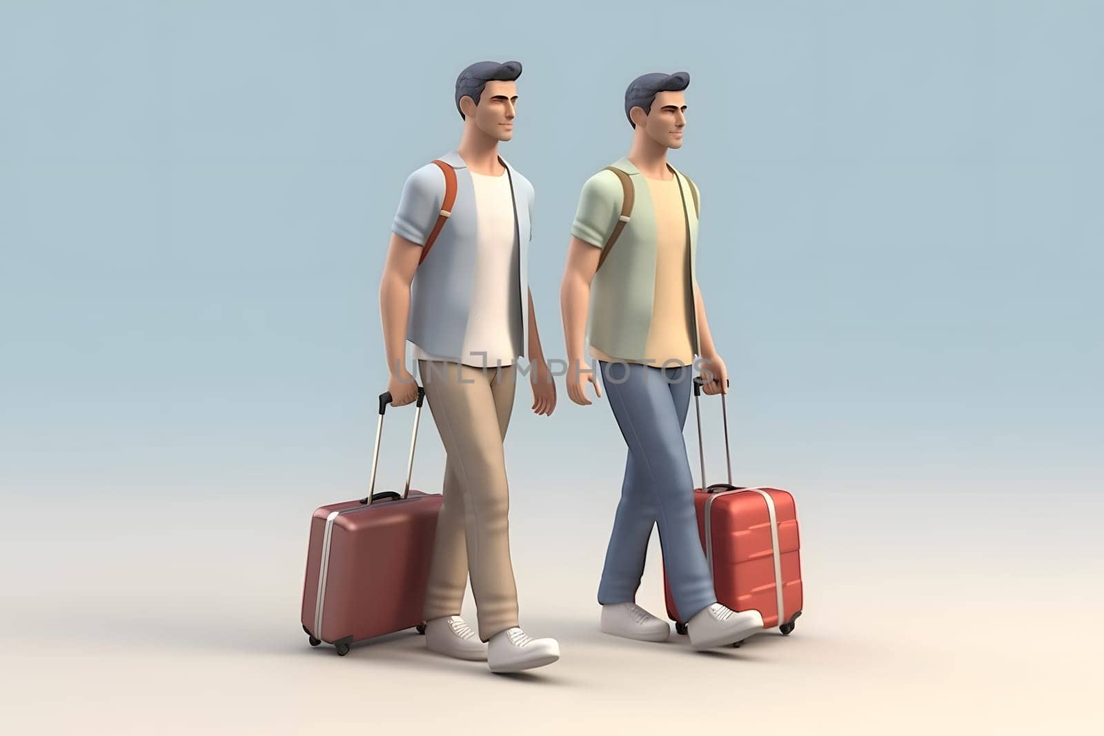 gay couple travelling with suitcases on light blue background. Neural network generated in May 2023. Not based on any actual person, scene or pattern.