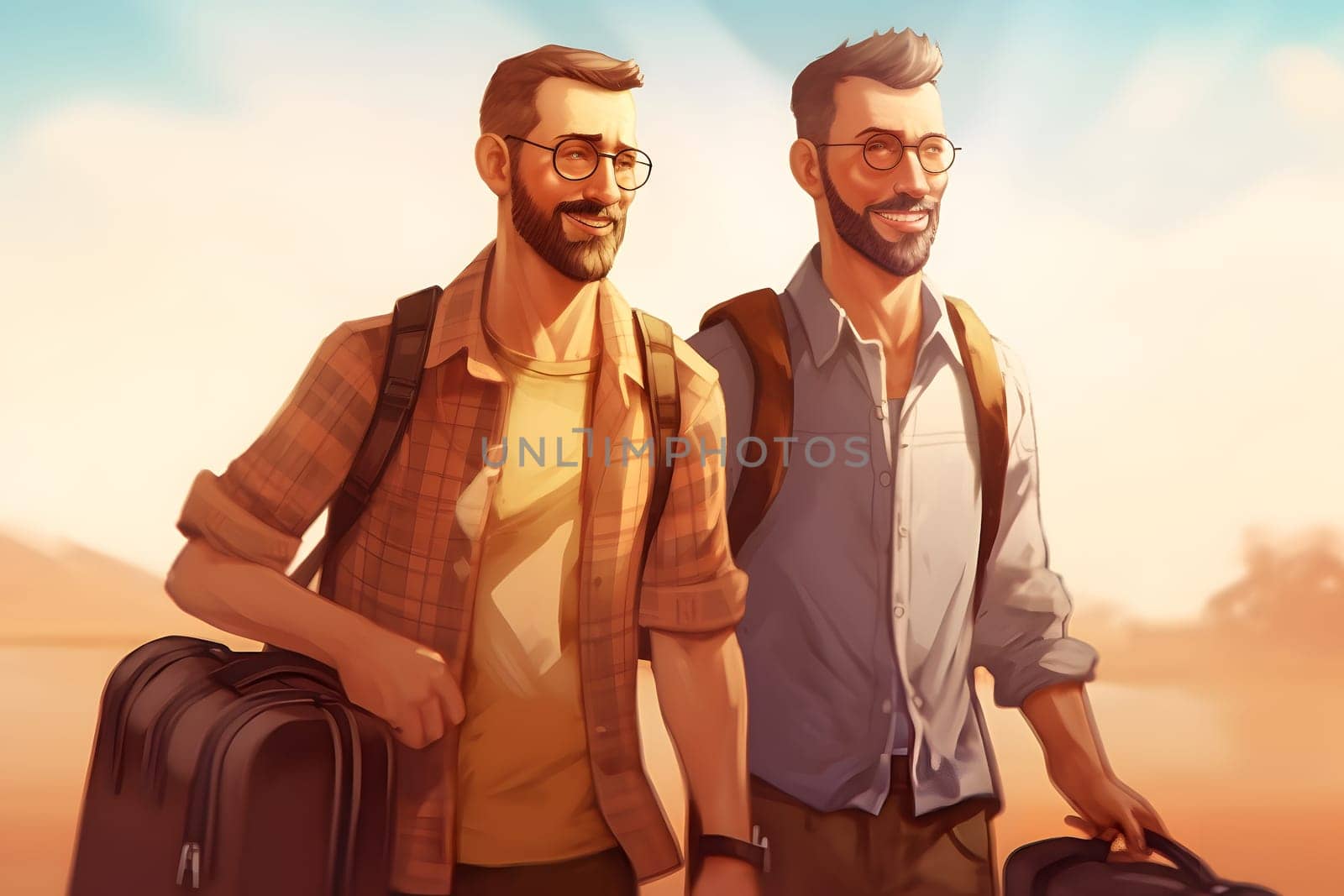 gay coupla travelling on foot with backpacks hand in hand at sunny summer day, neural network generated image by z1b