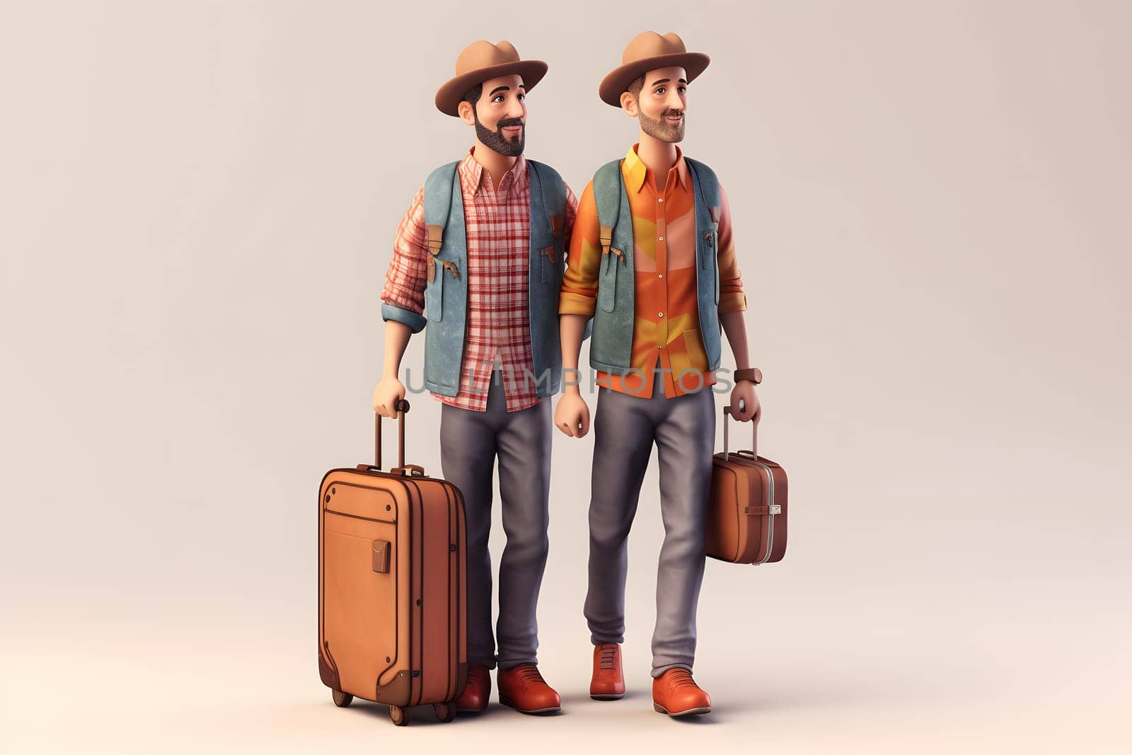 gay couple travelling with suitcases on light pink background. Neural network generated in May 2023. Not based on any actual person, scene or pattern.