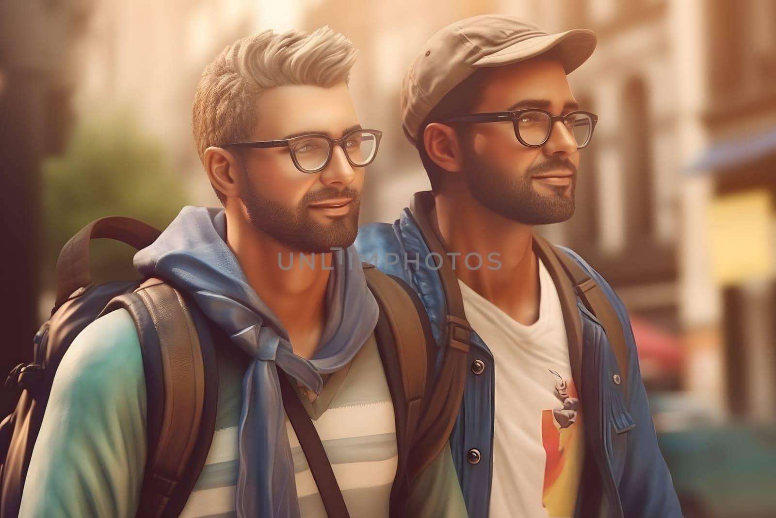gay coupla travelling on foot with backpacks hand in hand at sunny summer day. Neural network generated in May 2023. Not based on any actual person, scene or pattern.