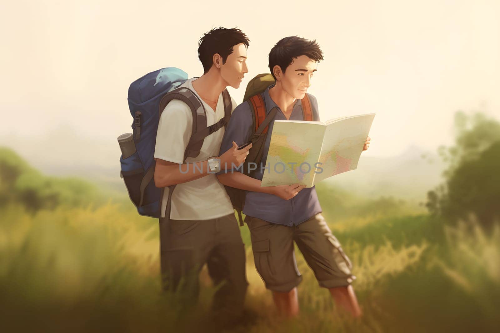 gay couple travelling on foot with backpacks at sunny summer day. Neural network generated in May 2023. Not based on any actual person, scene or pattern.