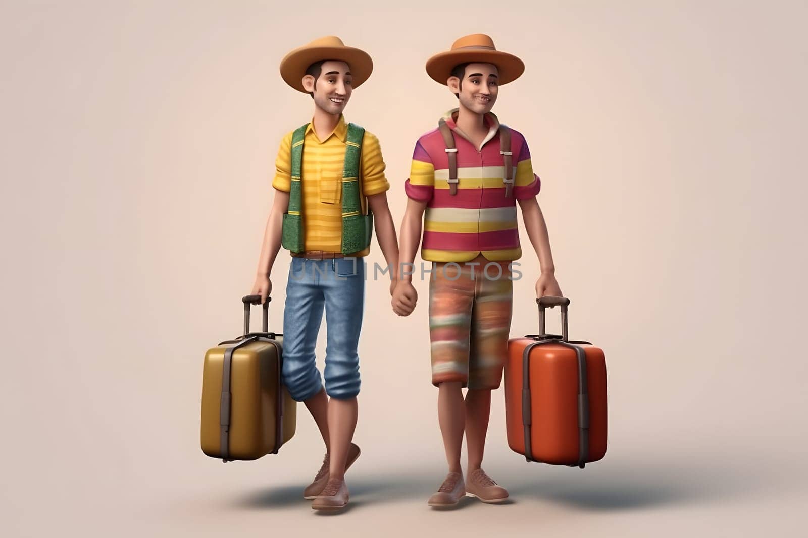 gay couple travelling with suitcases on light pink background, neural network generated image by z1b