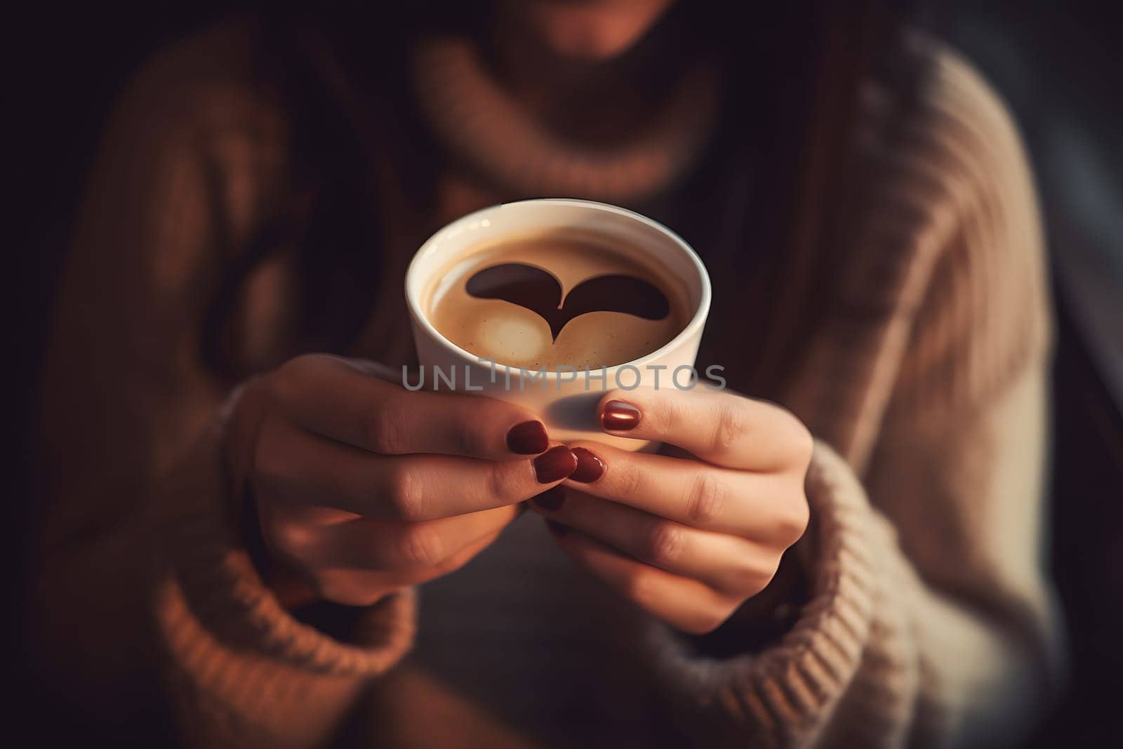 Woman holding cup of hot coffee with heart shape on the surface. Neural network generated in May 2023. Not based on any actual person, scene or pattern.