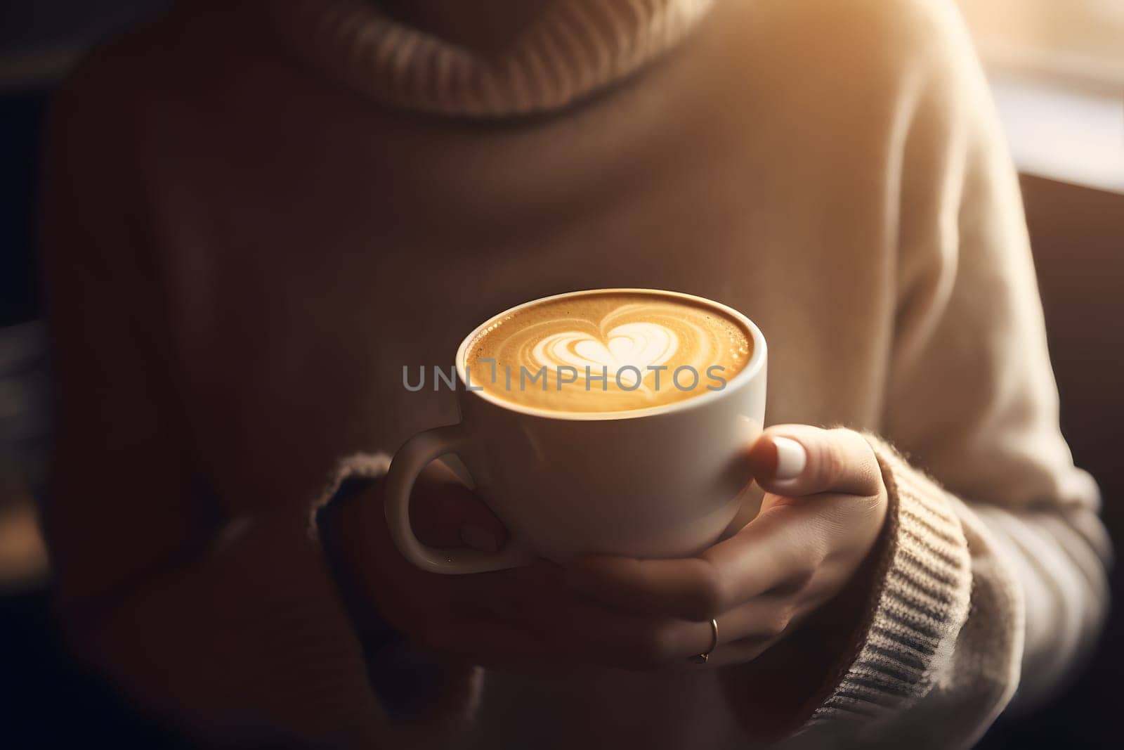 Woman holding cup of hot coffee with heart shape on the surface. Neural network generated in May 2023. Not based on any actual person, scene or pattern.