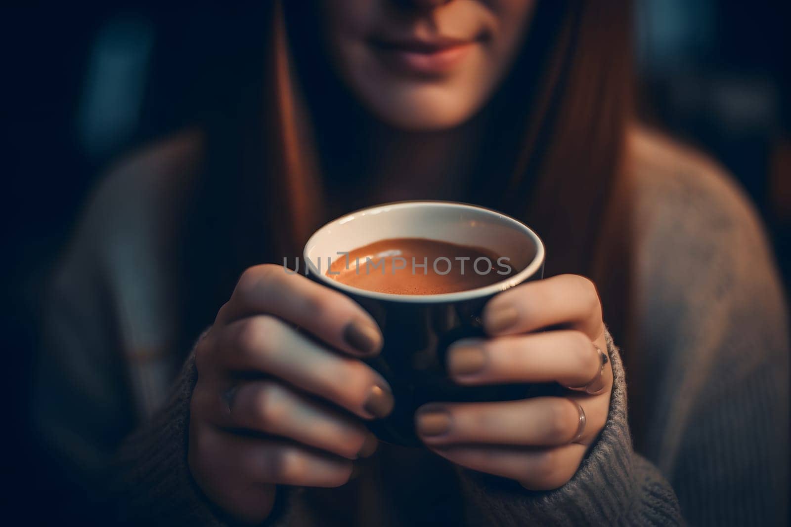Woman holding cup of hot coffee. Neural network generated in May 2023. Not based on any actual person, scene or pattern.