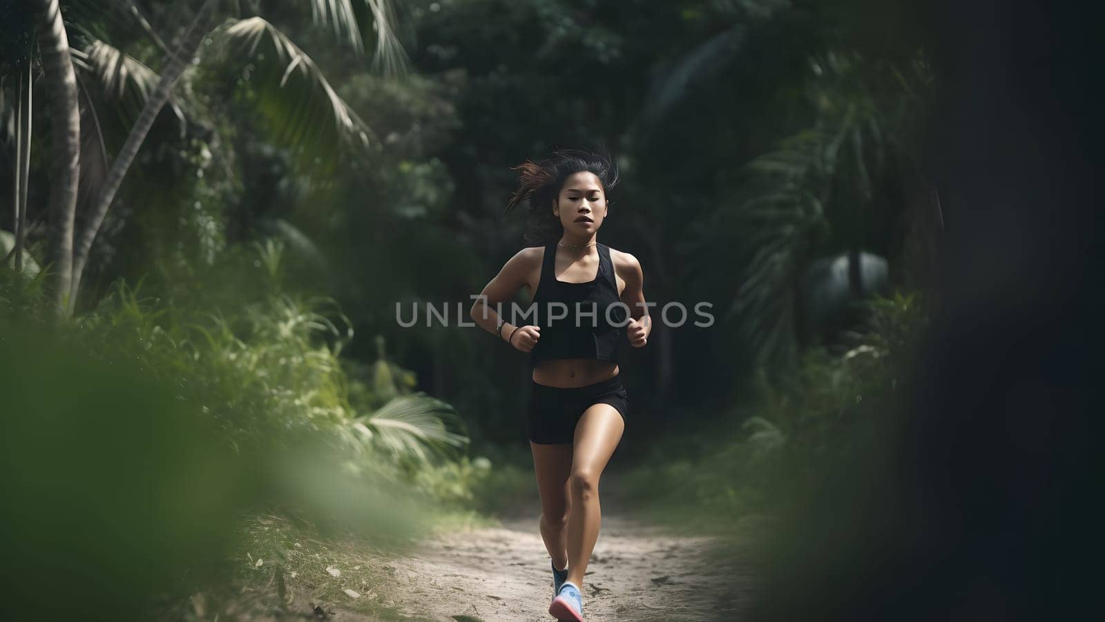 Athletic young asian woman running in morning foggy forest, healthy lifestyle concept. Neural network generated in May 2023. Not based on any actual person, scene or pattern.