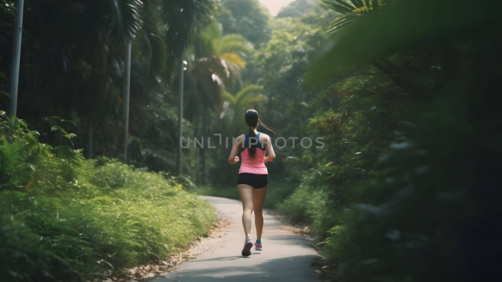 Athletic young woman running in morning foggy forest, healthy lifestyle concept. Neural network generated in May 2023. Not based on any actual person, scene or pattern.