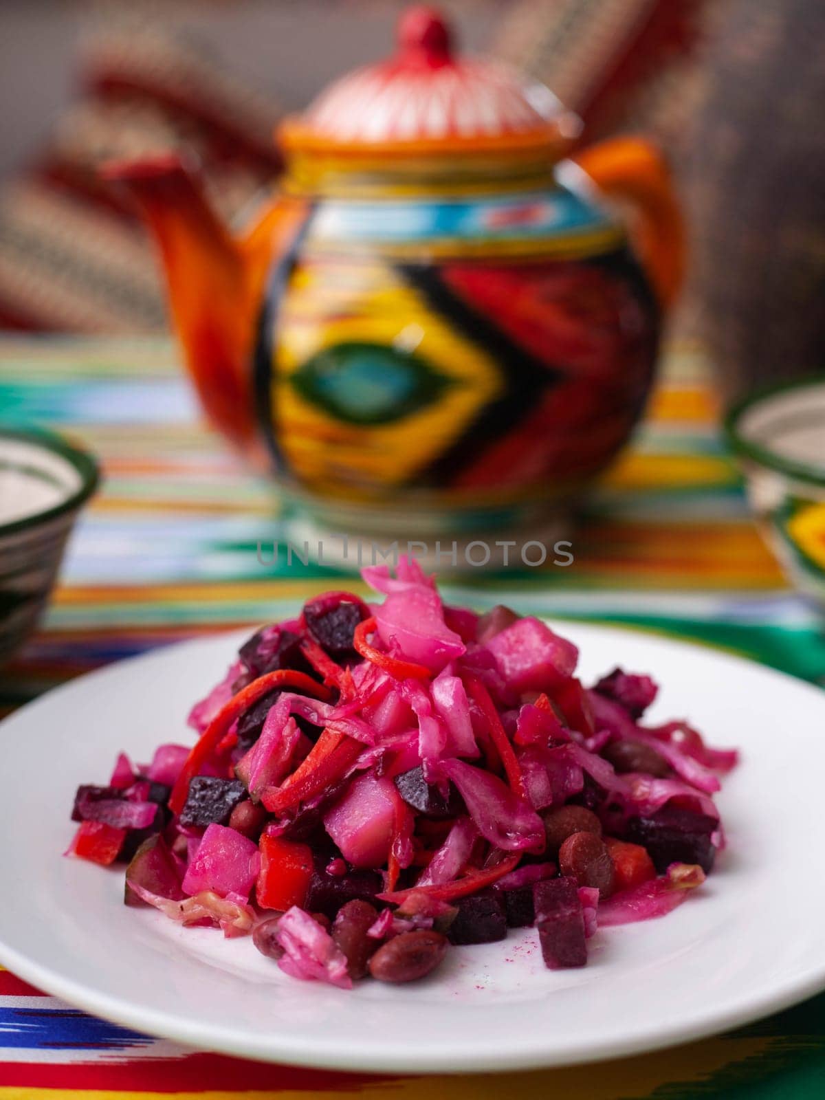 Venigret salad - beets, potatoes, onions and sauerkraut. Asian style. High quality photo