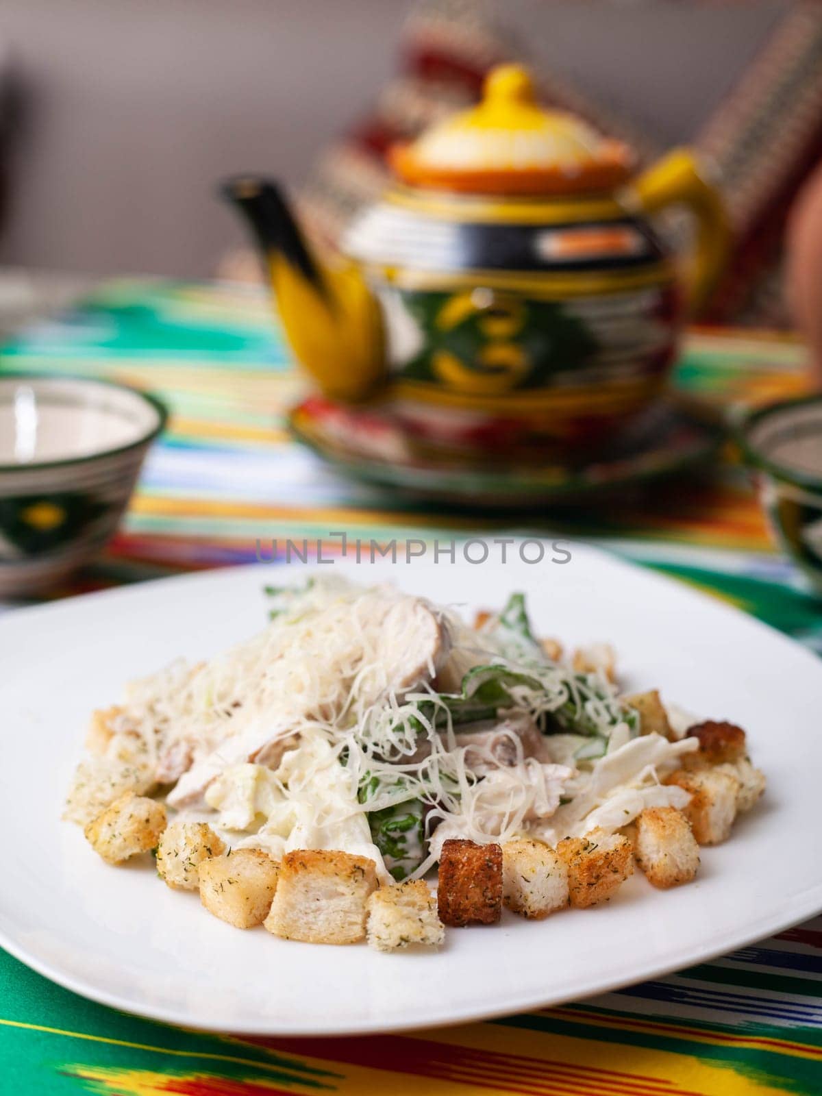 Malibu salad with crab sticks and croutons, feta cheese and vegetables. Asian style. High quality photo
