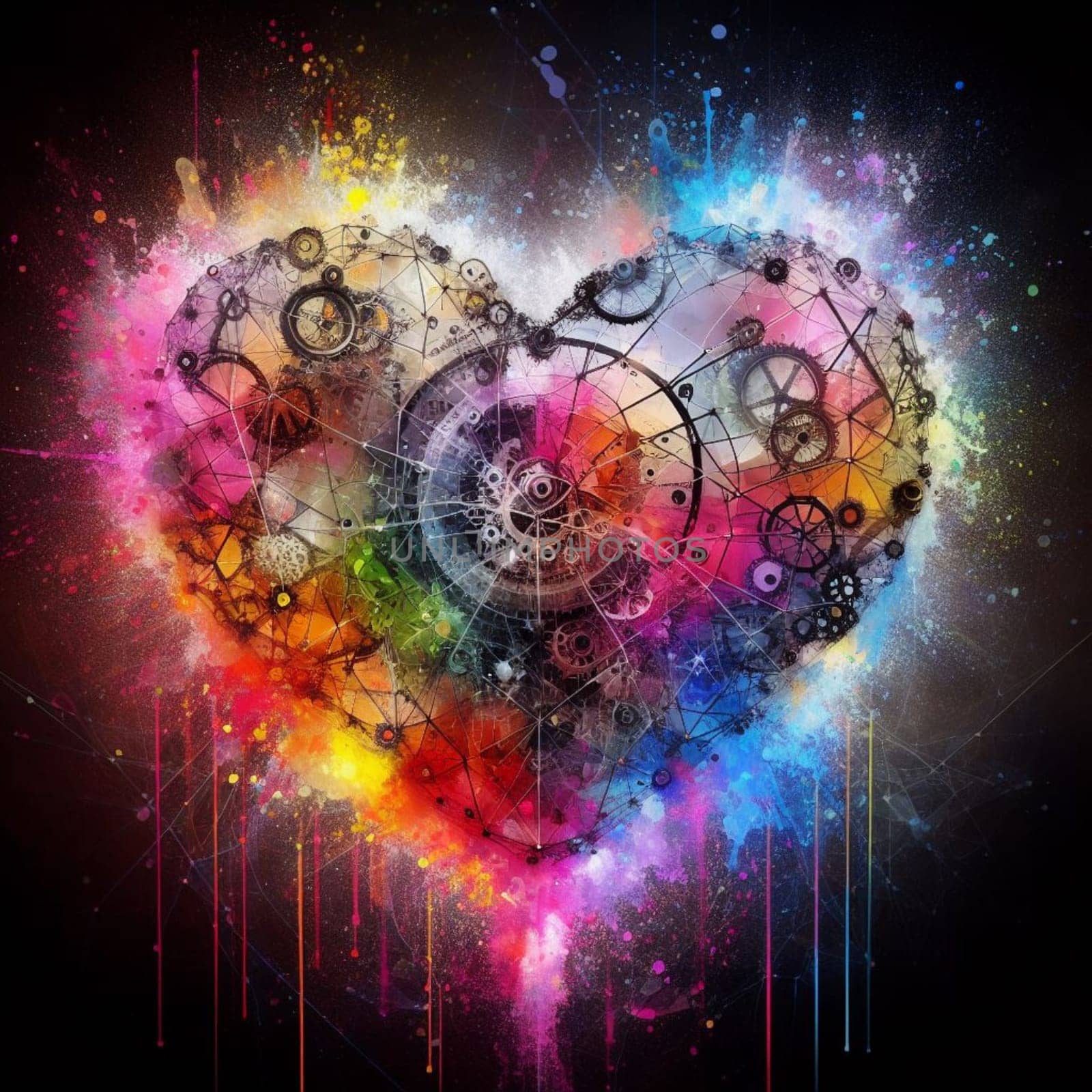 a color explosion of paint render a steampunk geared poly transparent heart - love concept by verbano