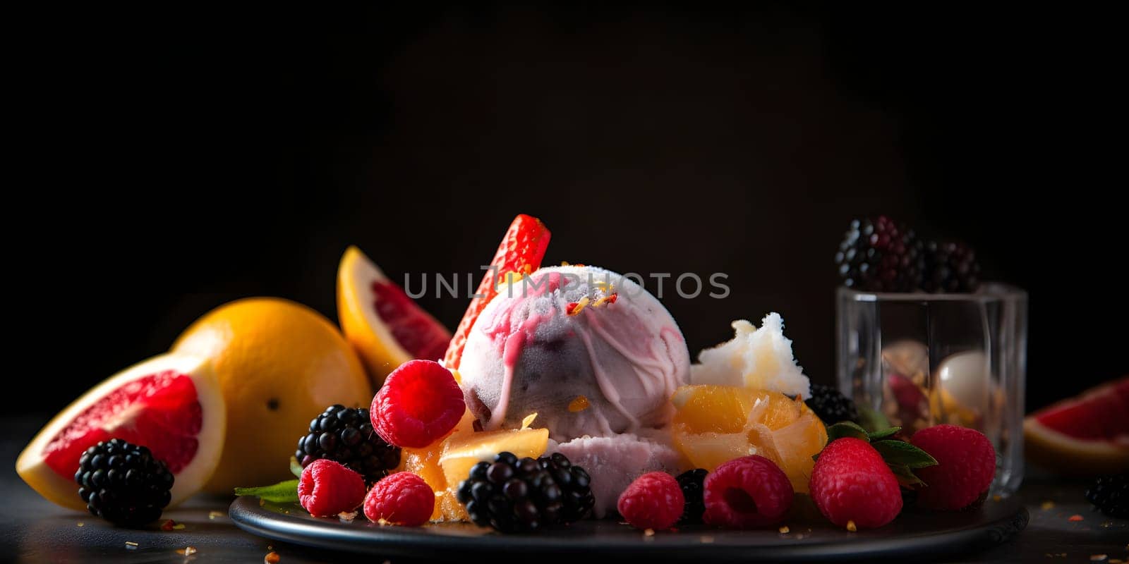 pink icecream with fresh fruits, rich high contrast photorealistic image. Neural network generated in May 2023. Not based on any actual scene or pattern.