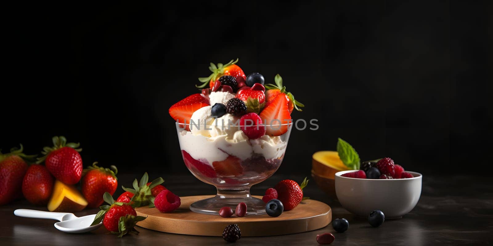 icecream with fresh fruits, rich high contrast photorealistic. Neural network generated in May 2023. Not based on any actual person, scene or pattern.