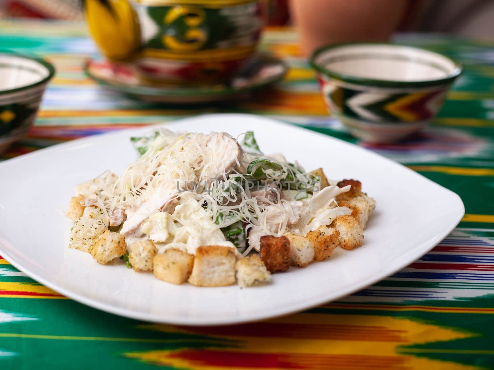 Malibu salad with crab sticks and croutons, feta cheese and vegetables. Asian style. High quality photo