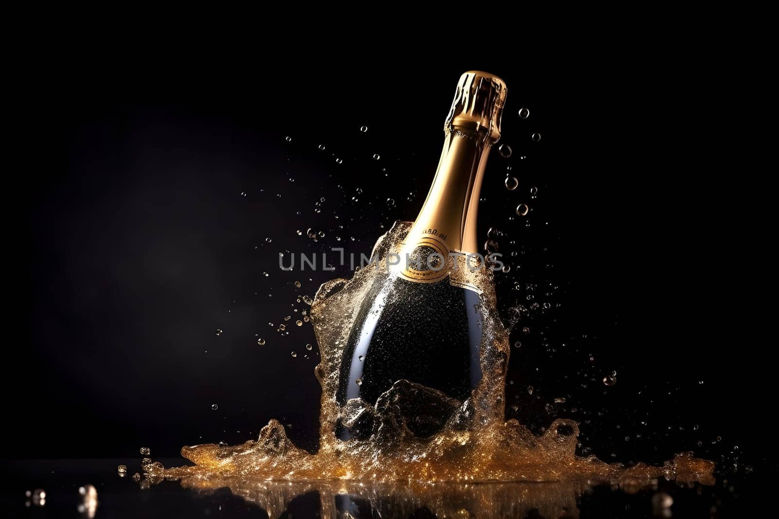 bottle of champagne with splashes on black background, neural network generated photorealistic image by z1b