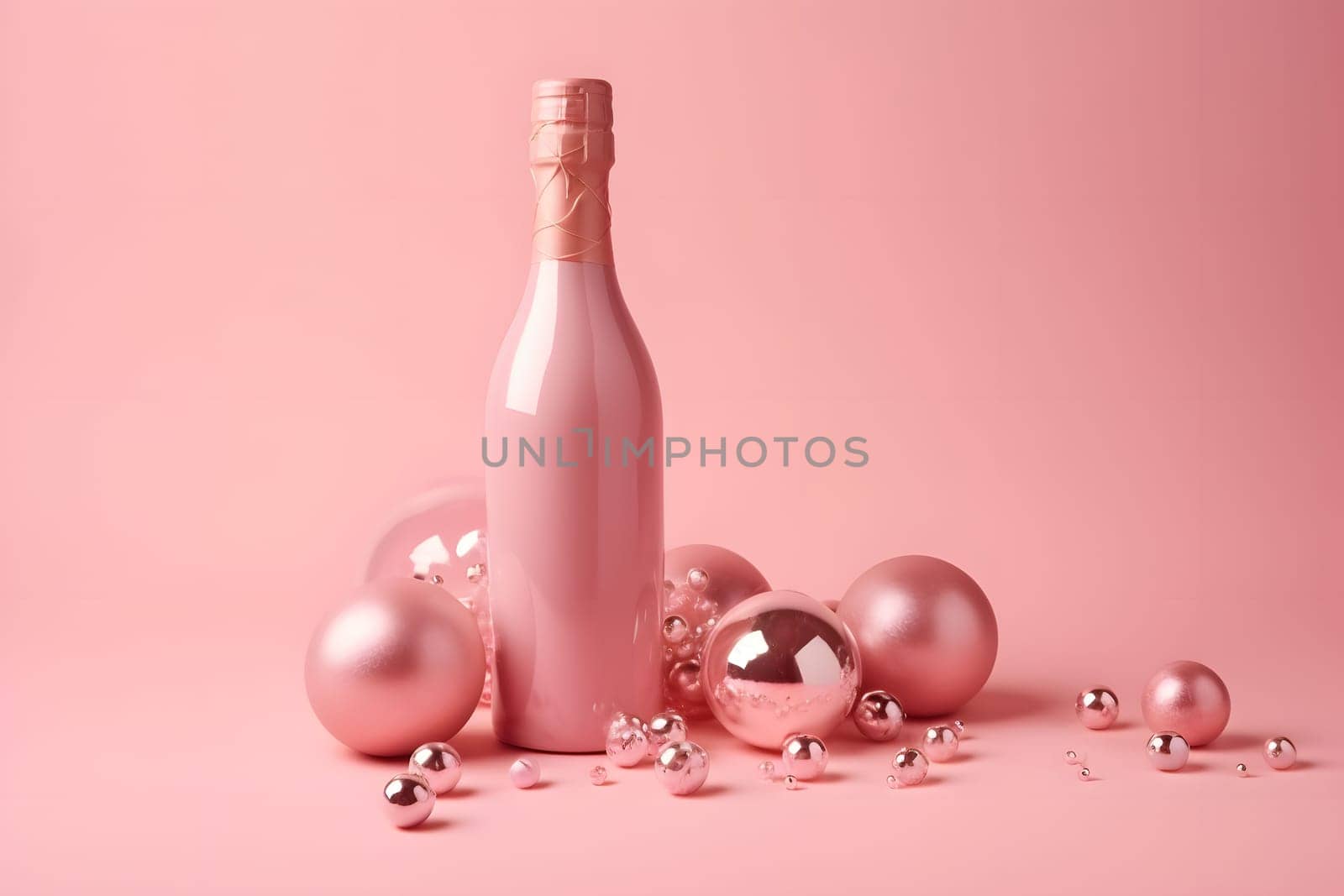 pink champagne bottle on pink background with some pink christmas tree balls, neural network generated photorealistic image by z1b